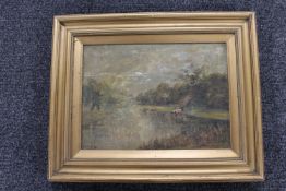 An antique gilt framed oil on canvas - cattle by a river,