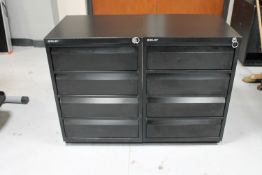 A pair of Bisley four drawer metal index chests with keys