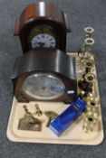 A tray of Bentima Deco mantel clock together with a battery operated clock, brass candlesticks,