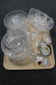 A tray of glass, lead crystal rose bowl and fruit bowl, sundae dishes,