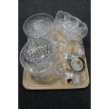 A tray of glass, lead crystal rose bowl and fruit bowl, sundae dishes,