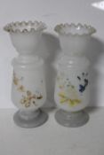 Two Victorian hand painted milk glass vases
