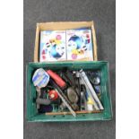 A box of assorted hand tools including two Kayes of Leeds oil cans, cobbler's last etc,