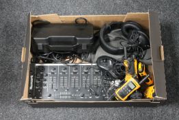 A box of Motorola walkie talkies, Numark CM100 control desk, microphones,