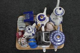 A tray containing assorted Ringtons teapots, Coalport figure,