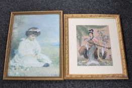 A framed Chinese silk picture of a Geisha and a gilt framed print of a girl