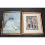 A framed Chinese silk picture of a Geisha and a gilt framed print of a girl