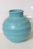 A Wedgwood Keith Murray design bulbous ribbed vase, turquoise, height 23.