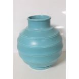 A Wedgwood Keith Murray design bulbous ribbed vase, turquoise, height 23.