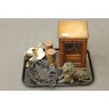 A tray of oak smokers cabinet, cast metal lion figure, Victorian metal dish etc.