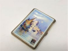 A silver and enamel cigarette case depicting the Venice lagoon.