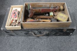 A joiner's tool box together with a small quantity of tins, tools,
