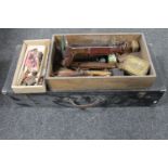 A joiner's tool box together with a small quantity of tins, tools,