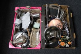 Two boxes of assorted plated wares, stainless steel, plated picture frames, kitchen ware,