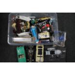 A plastic crate containing play-worn die-cast vehicles, racing cars etc .