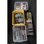 Three plastic crates and two boxes containing assorted DVD's and CD's
