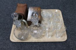 A tray of two Victorian etched glass decanters,