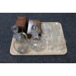 A tray of two Victorian etched glass decanters,