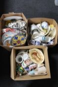 Three boxes of miscellaneous china including wall plates, Ringtons willow pattern,