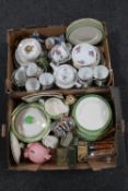 Two boxes containing an Arthur Meakin dinner service, Durham china tea service, cutlery,