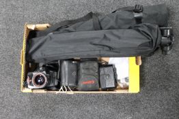 A box containing cameras to include a Chinon Genesis, Minox 35G,