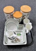 A tray of eleven pieces of Portmeirion china to include three storage jars, pair of mugs,