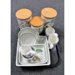 A tray of eleven pieces of Portmeirion china to include three storage jars, pair of mugs,