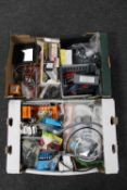 Two boxes containing tools, external hard drive, power inverter, plumbing fittings,