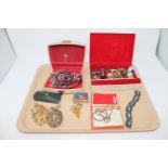 A tray of a quantity of costume jewellery, identity bracelet, vintage spectacles in case,