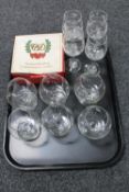 A tray containing a set of four Irish liqueur glasses together with a set of six brandy glasses and