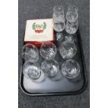 A tray containing a set of four Irish liqueur glasses together with a set of six brandy glasses and