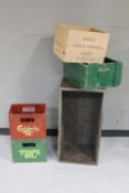 Three painted wooden crates and two plastic crates "Carlsberg and Tuborg"