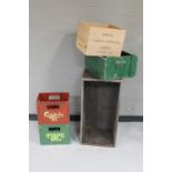 Three painted wooden crates and two plastic crates "Carlsberg and Tuborg"