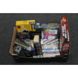 A box of assorted DVD's, Work Zone electric drill, magnifying visor,