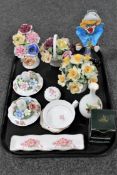 A tray of Murano glass clown, boxed Belleek china basket, Chinese tea cup, pin dishes,