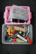 Two boxes of hand tools, plastic fittings,