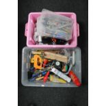 Two boxes of hand tools, plastic fittings,