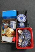 Three boxes containing willow pattern china, Ringtons plates,