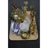 A tray of brass kettle, four pairs of brass candlesticks, crested spoons,
