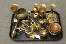 A tray of brass candlesticks, brass vases, dishes etc.