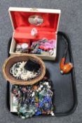 A tray of assorted costume jewellery, musical jewellery box, wristwatches,