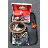 A tray of assorted costume jewellery, musical jewellery box, wristwatches,