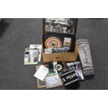 A box of Newcastle United picture mirrors, Newcastle Brown Ale wall clock,