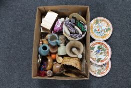 A box containing a Coalport figure, Wedgwood Christmas plates, studio pottery,