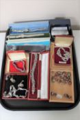 A tray of assorted costume jewellery, marcasite necklace, gent's Timex watch,