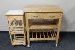 A pine butcher's block trolley and a pine tiled topped kitchen wine trolley