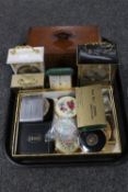 A tray of wooden trinket box, opera glasses, compacts, Avia mantel clock,