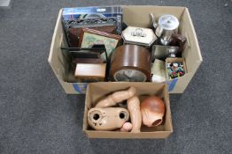 Two boxes of picture frames, mantel clocks, mid 20th century coffee pot, plastic doll,