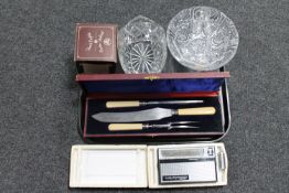 A tray of lead crystal bowl and basket, cased servers, boxed pewter tankard,