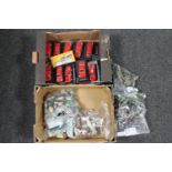 Two boxes of Alfa Romeo die cast vehicles on plastic stands, assorted plastic soldiers,